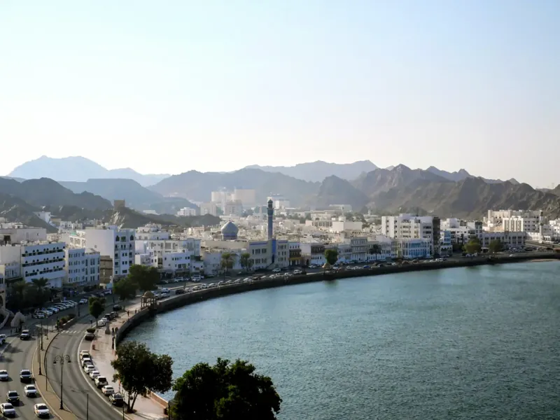 The Muttrah waterfront, with the mountains of Muscat beyond
