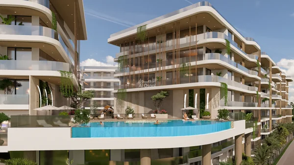 Al Osool architectural illustration of Golf Hills buildings and pool